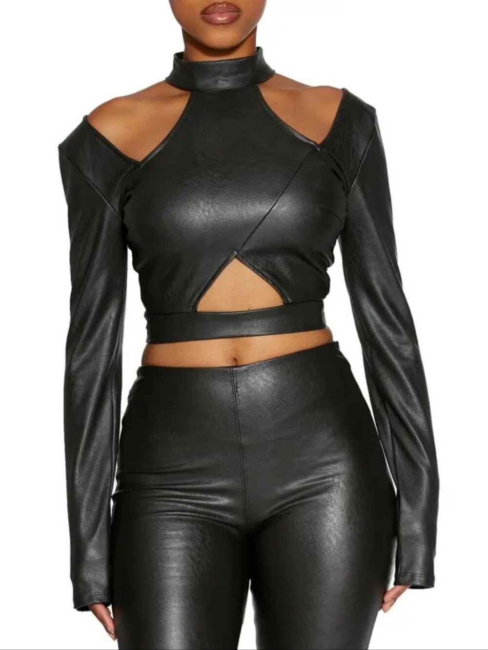 Naked Wardrobe Vegan Leather Mock Neck Cutout Crop Top Small Black Punk Goth